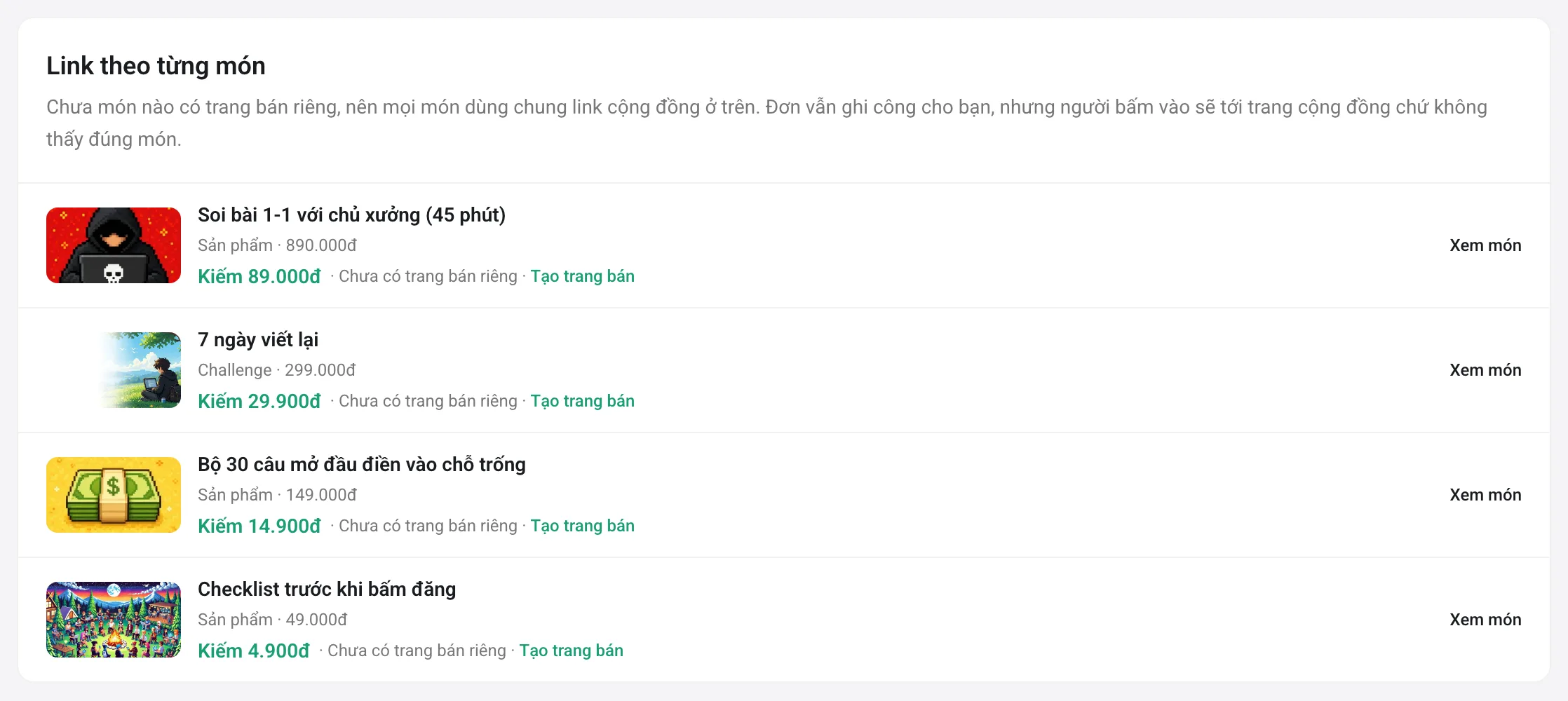 Danh sách link giới thiệu theo từng món