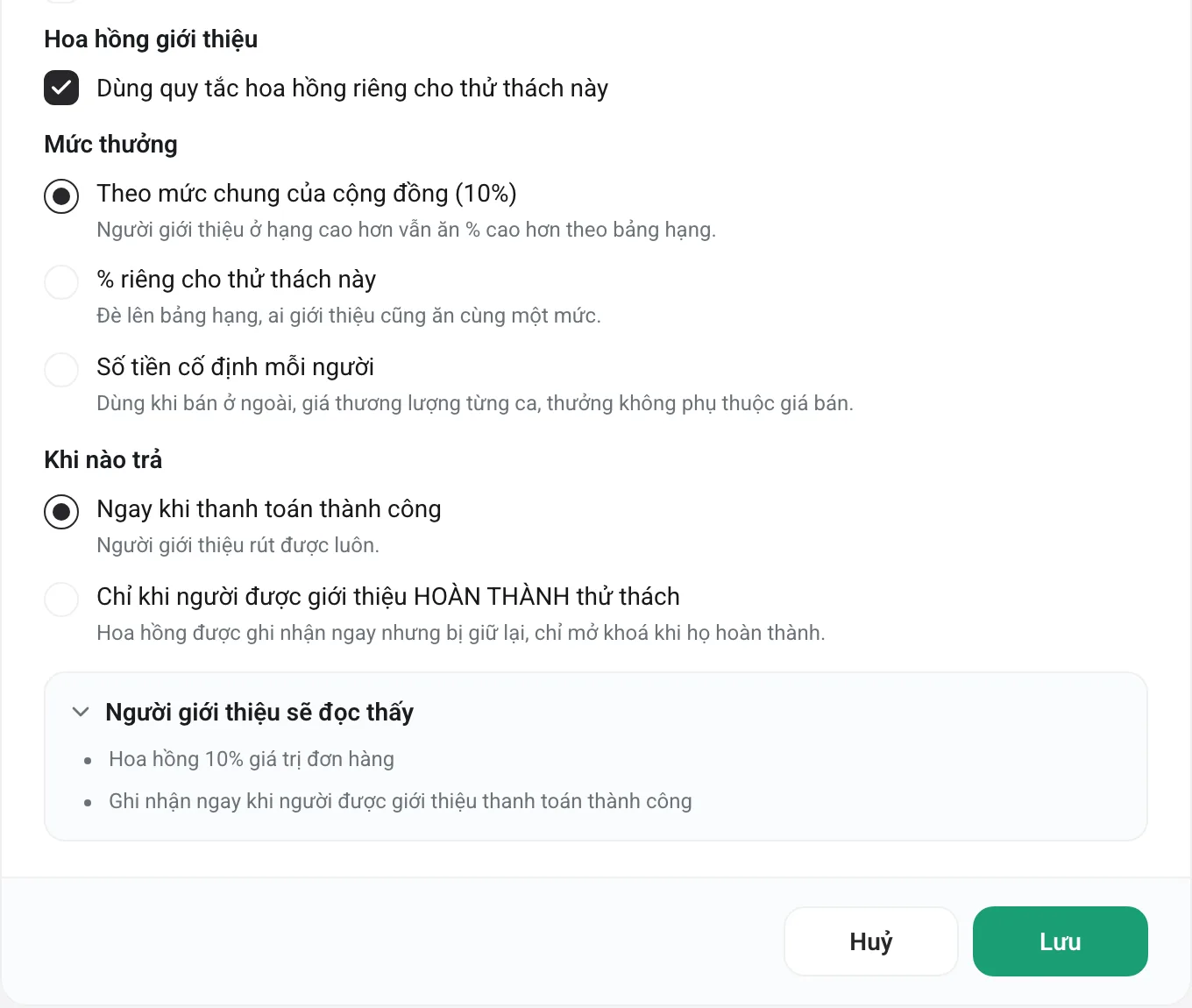 Ô khai quy tắc hoa hồng trong cài đặt challenge