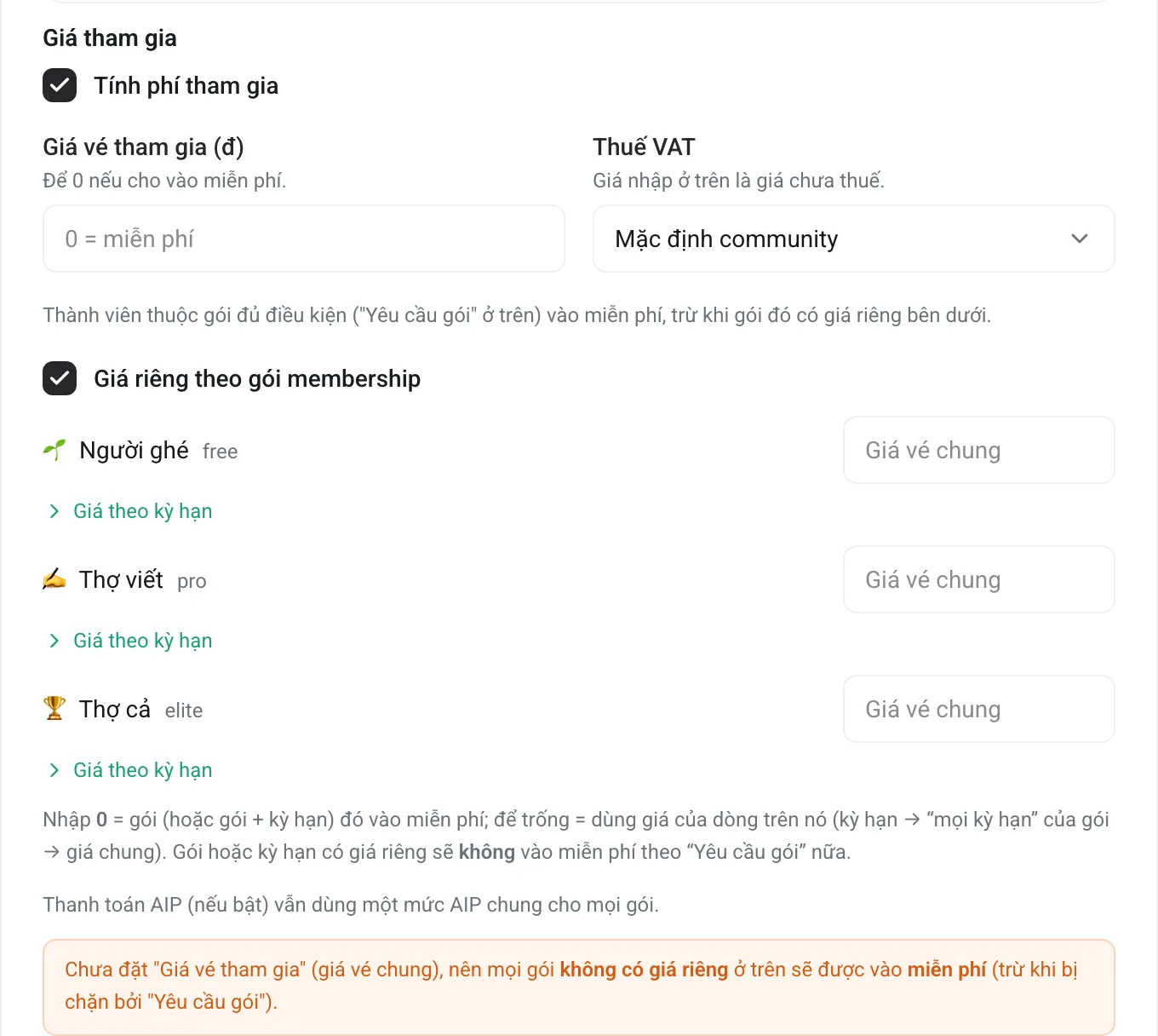 Bảng đặt giá vé riêng cho từng gói thành viên và từng kỳ hạn