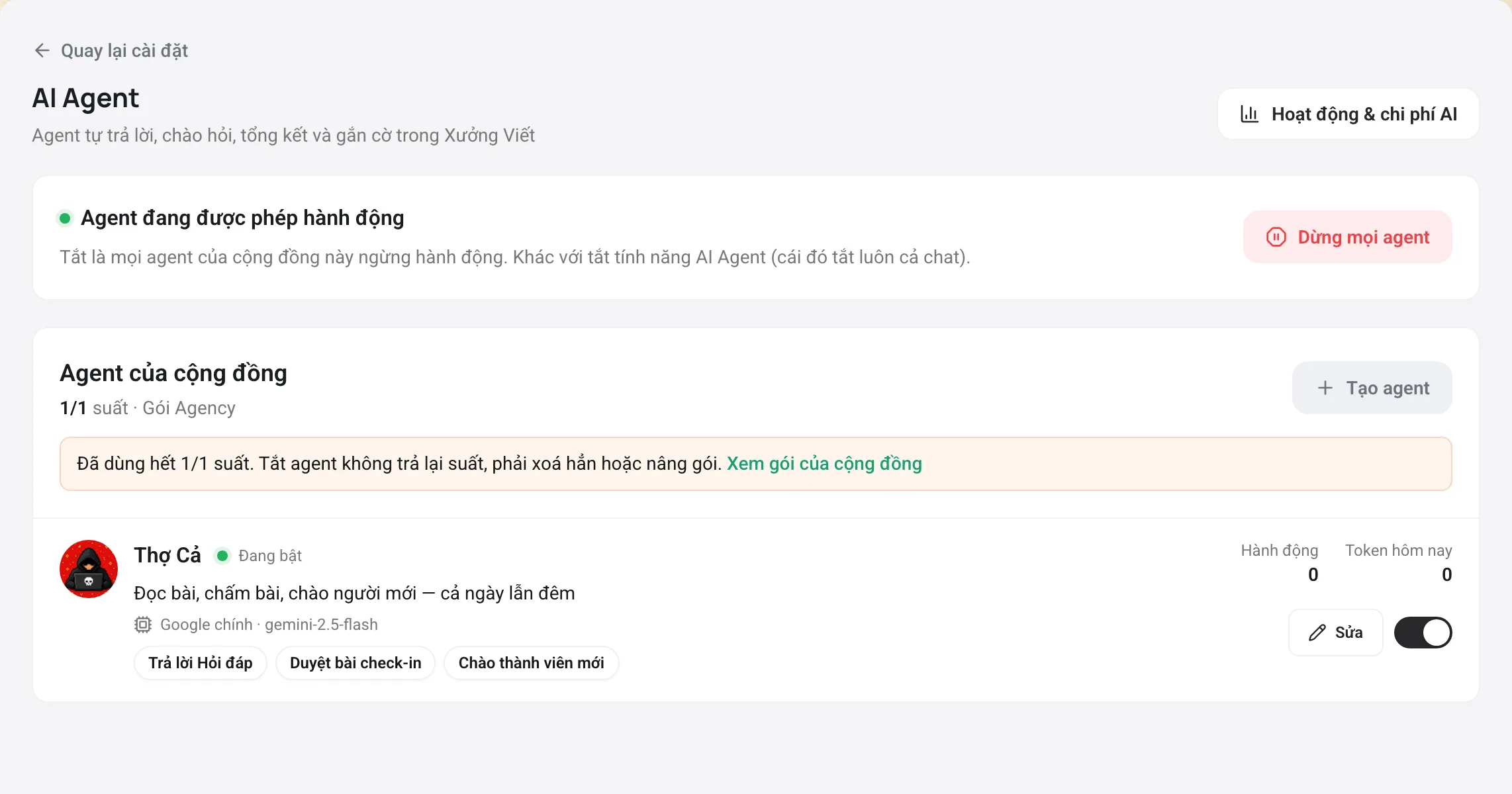 Trang AI Agent với nút dừng khẩn cấp, số agent theo gói và một agent đang bật