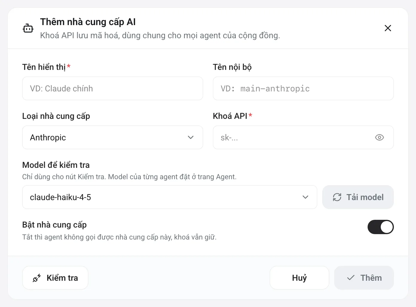 Phần thêm nhà cung cấp AI với tên hiển thị, loại, khoá API và model để kiểm tra
