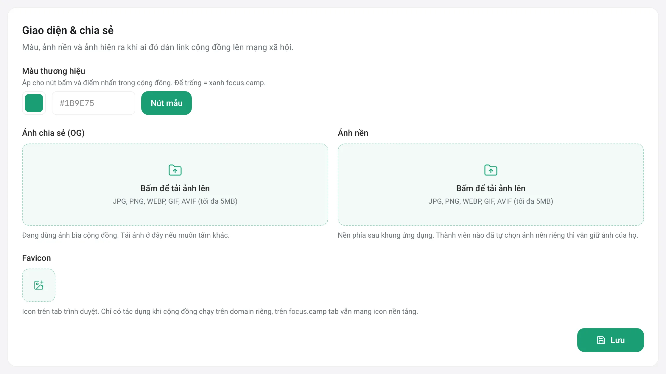 Phần Giao diện và chia sẻ: chọn màu thương hiệu, ảnh chia sẻ, ảnh nền, favicon