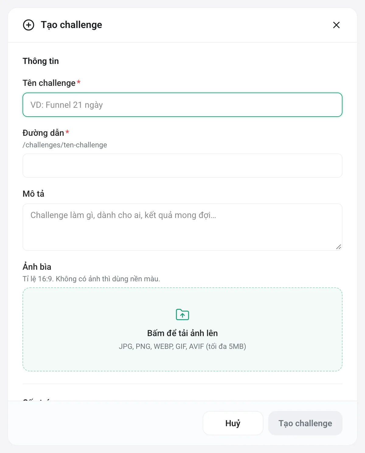Bảng Tạo challenge với ô tên, đường dẫn, mô tả, ảnh bìa