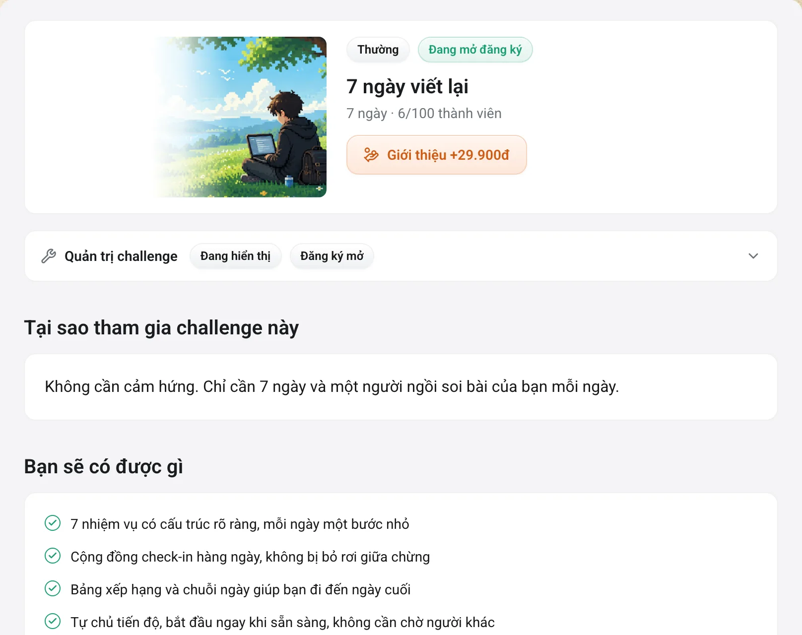 Trang challenge như người học nhìn thấy, có lộ trình và nút đăng ký