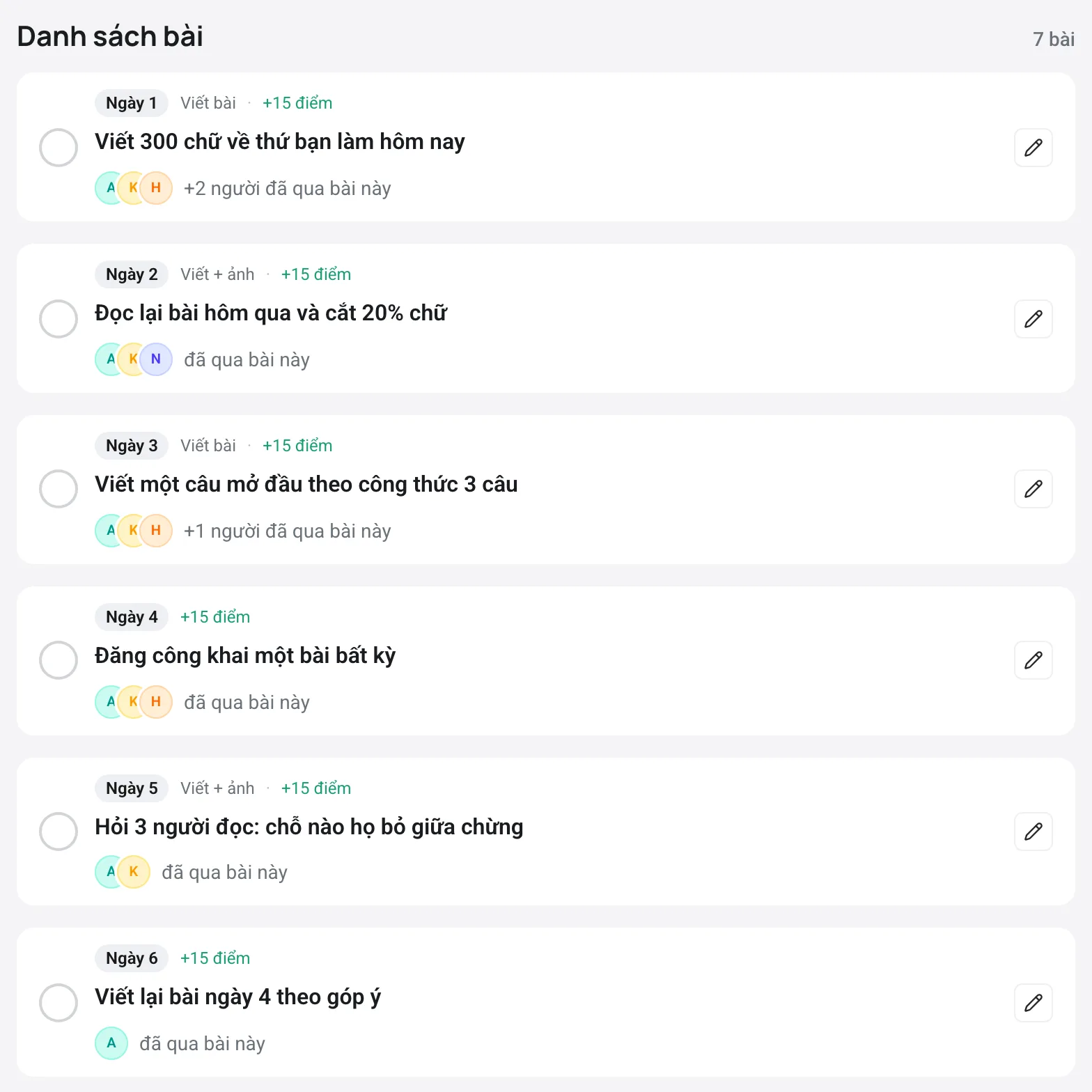 Danh sách bài của challenge, mỗi dòng một ngày