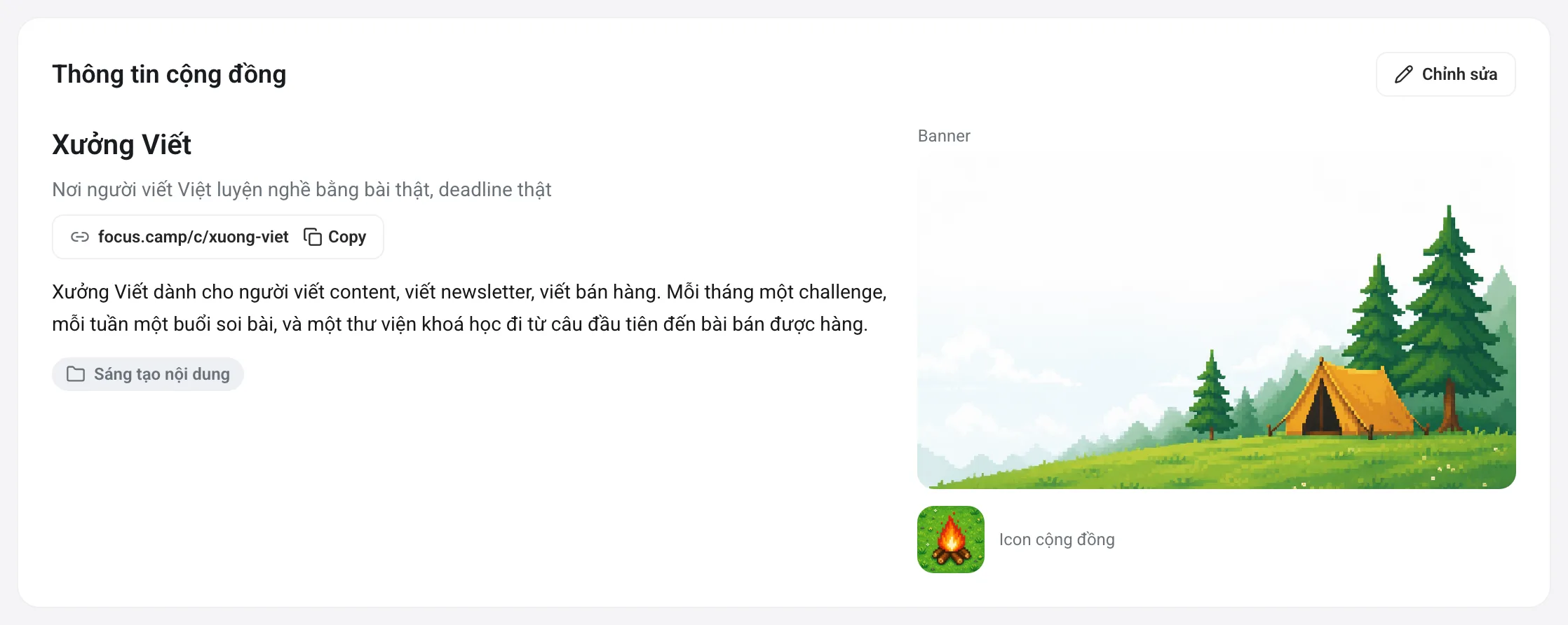 Thẻ thông tin cộng đồng với tên, câu giới thiệu, đường dẫn, mô tả, ảnh bìa và icon