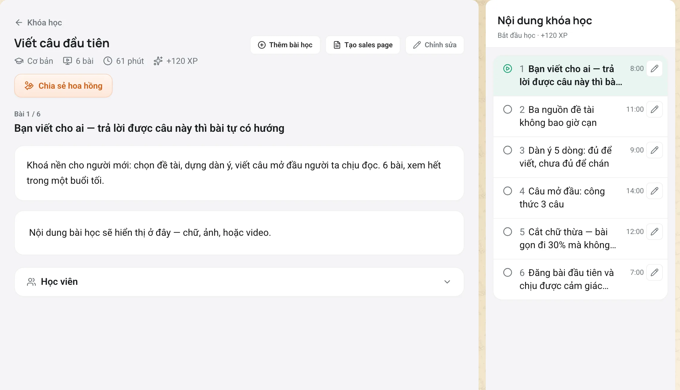 Trang chi tiết một khoá học với danh sách bài học