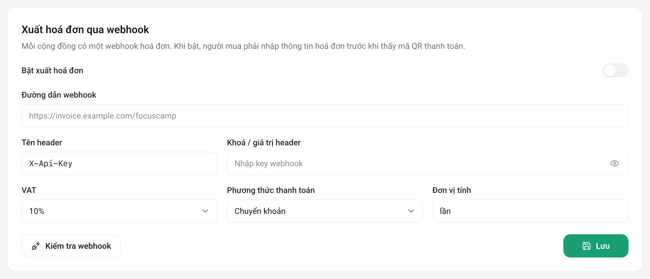 Cấu hình xuất hoá đơn qua webhook: đường dẫn, header, VAT, phương thức thanh toán