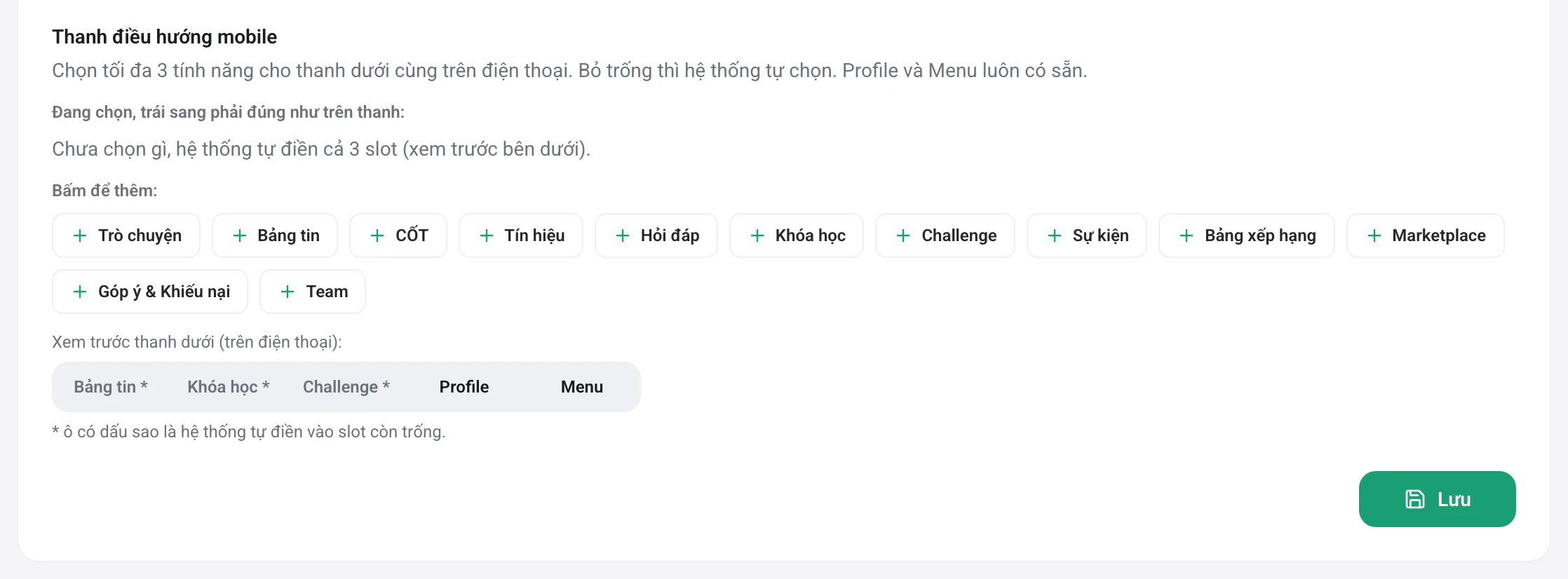 Phần chọn ba tính năng cho thanh điều hướng mobile, có ô xem trước