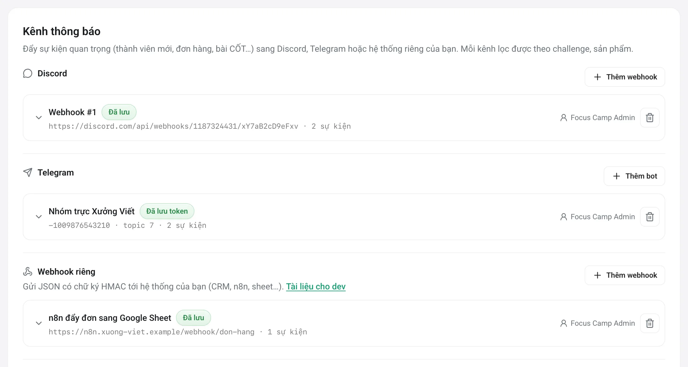 Phần kênh thông báo với Discord webhook, Telegram bot và custom webhook