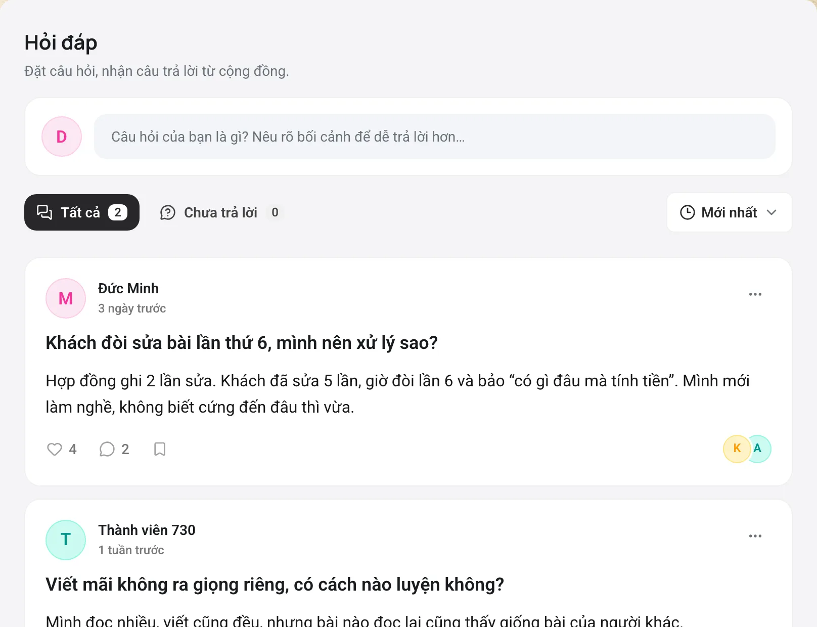Trang Hỏi đáp với tab Tất cả, Chưa trả lời và ô sắp xếp