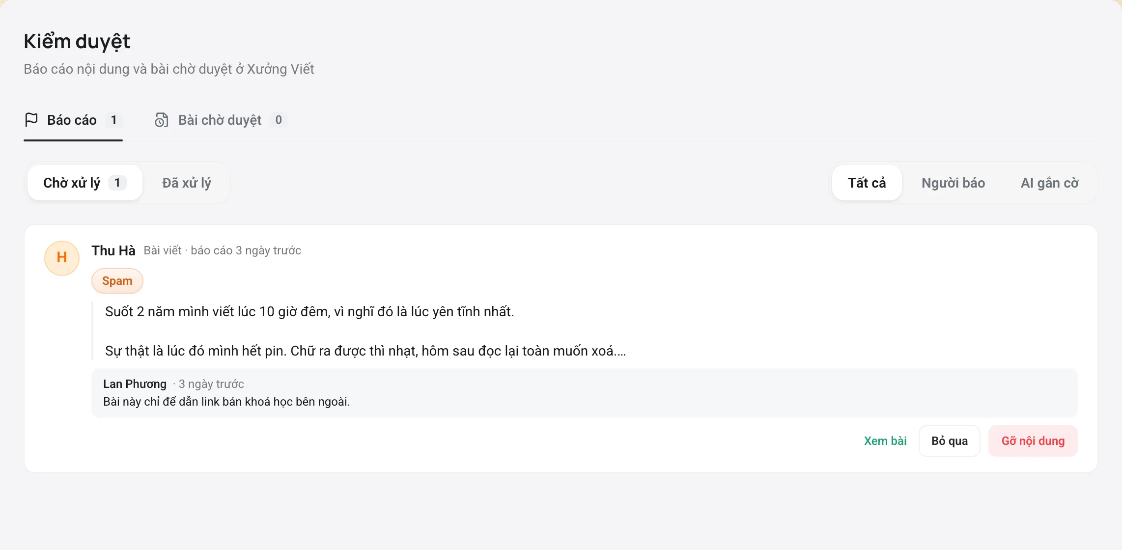 Hàng đợi báo cáo nội dung với tab Chờ xử lý, Đã xử lý và lọc theo người báo hoặc AI gắn cờ