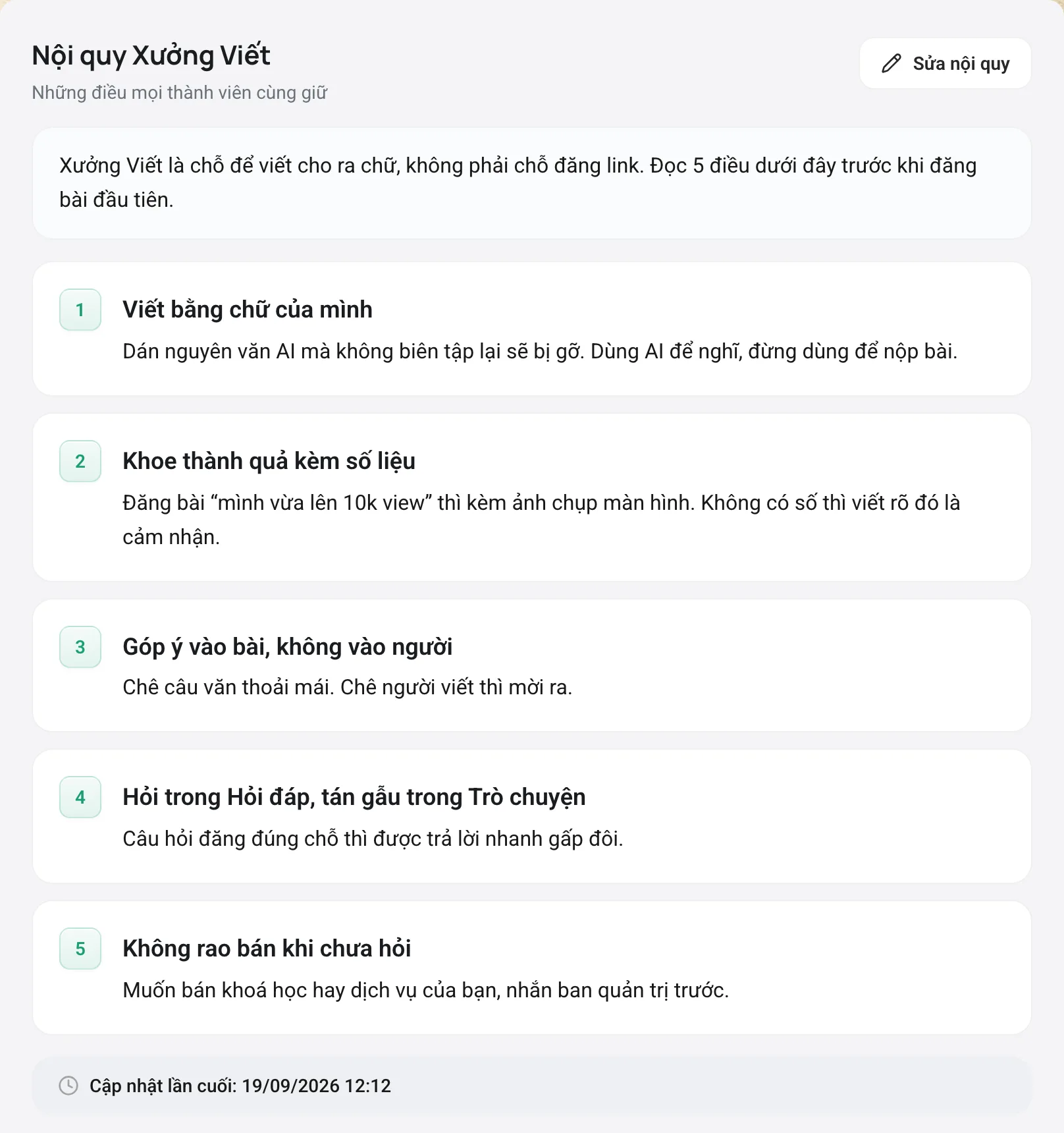 Trang nội quy như thành viên nhìn thấy