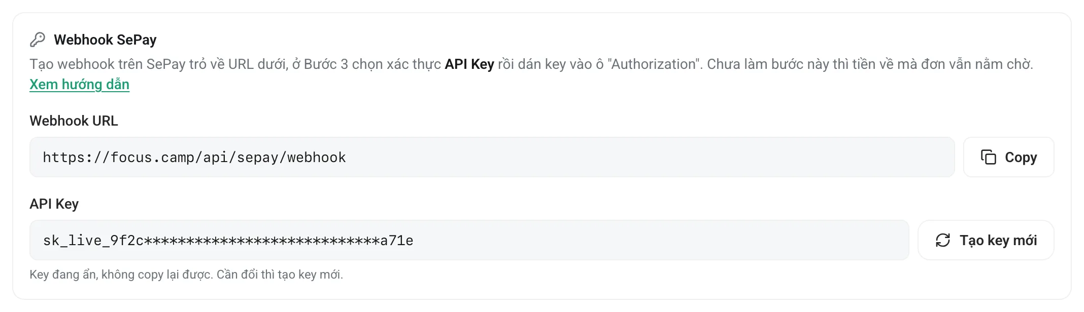 Khối Webhook SePay với Webhook URL, API Key và nút tạo key mới