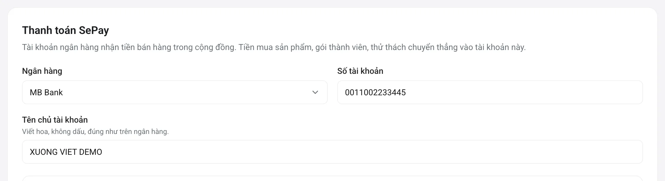 Ô cấu hình tài khoản ngân hàng nhận tiền qua SePay
