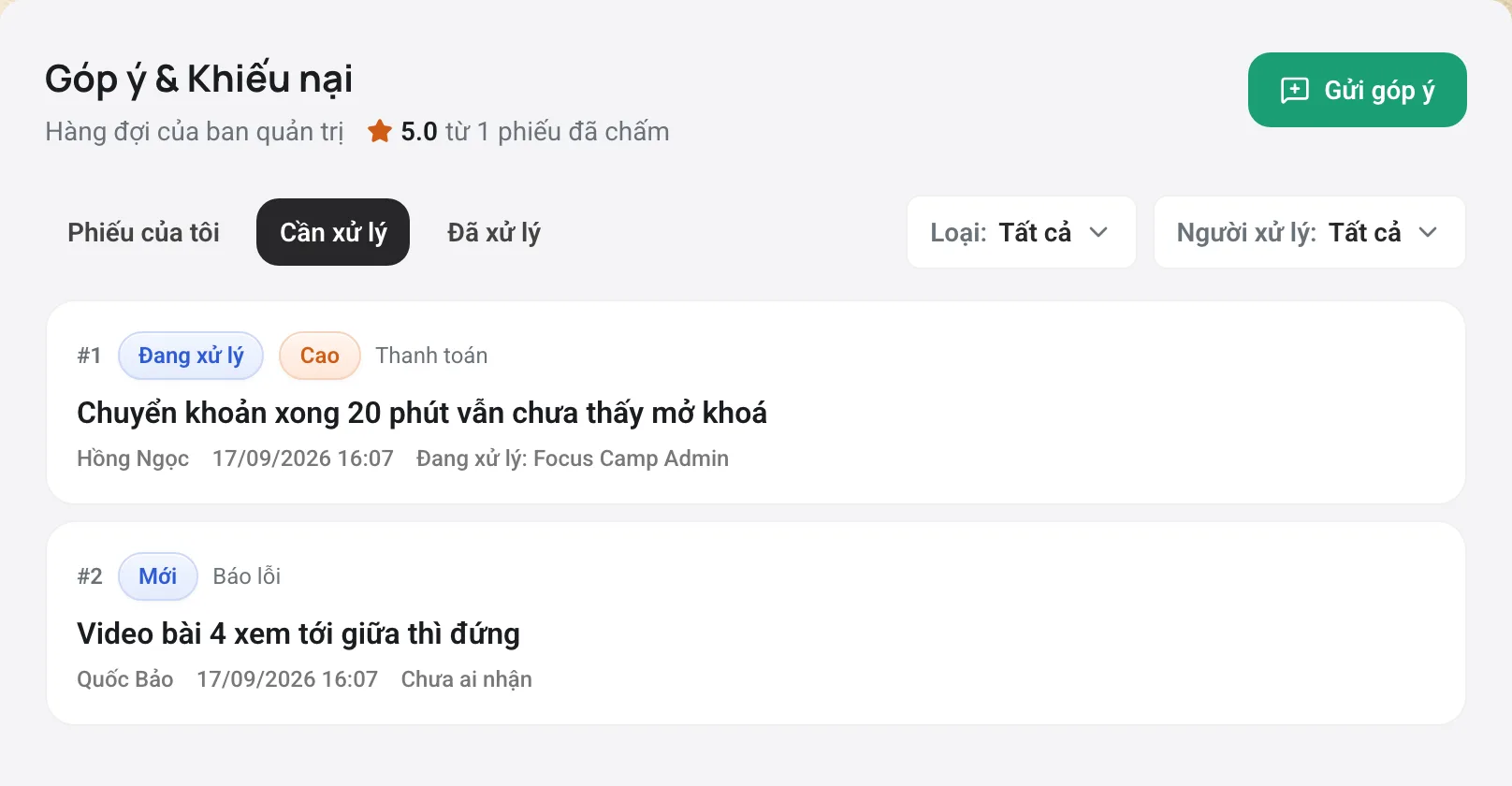 Hàng đợi phiếu hỗ trợ với bộ lọc theo loại và người xử lý